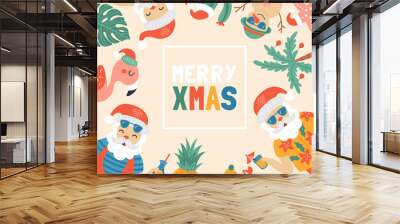 Christmas holiday cute greeting card with Santa Claus on sea beach. Wall mural