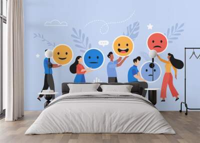 Customer feedback, user experience or client review rating business concept. Modern vector illustration of people holding emoji and smiley icons Wall mural