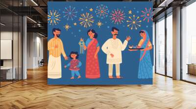 Diwali Hindu festival greeting card design with cute people characters. Wall mural