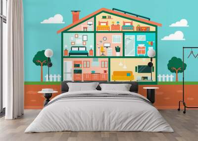 Eco friendly house interior with living room, kitchen, bathroom, home office and bedroom. Modern home vector illustration Wall mural