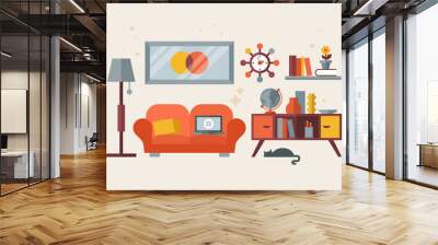 Flat modern design for mid century liviing room. Home office con Wall mural