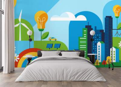 Green energy, urban landscape, ecology concept. Modern geometric style vector illustration Wall mural