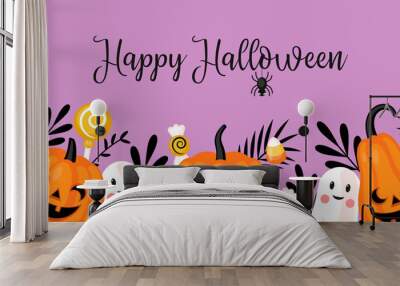 Halloween holiday banner design with cute jack o lantern pumpkin, ghost and leaves. Wall mural