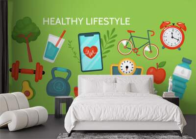 Healthy lifestyle concept. Fitness and diet banner design with food and sport equipment. Vector illustration Wall mural