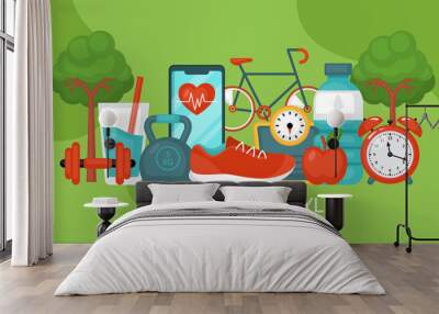 Healthy lifestyle concept. Fitness and diet banner design with food and sport equipment. Vector illustration Wall mural