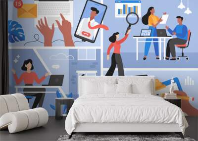 Hybrid working and return to office business concept. Modern vector illustration of people working at home and  in office workplace Wall mural