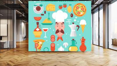 Italian kitchen food flat stylish icons. Vector illustration Wall mural