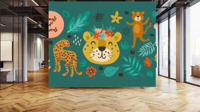 Jungle animals cute set with tiger, leopard, flamingo, lion and parrot. Childish print for cards, stickers, background and poster design Wall mural