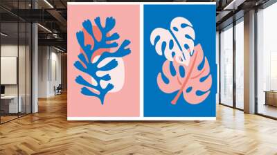 Modern wall art print set. Abstract botanical tropical leaves and fruits. Summer template for greeting card, banner, packaging, cover and social media design Wall mural