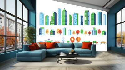 Smart city elements with modern buildings and network connection for graphics design. Wall mural