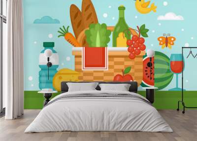 Summer picnic concept with basket, food and fruits. Vector illustration Wall mural