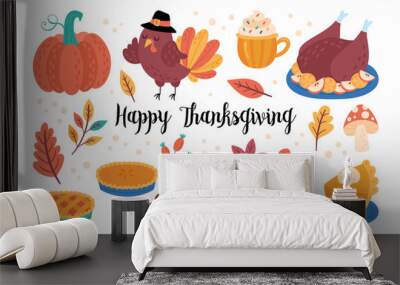 Thanksgiving holiday cute elements set. Childish print for cards, stickers and party invitations. Wall mural