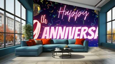 79th anniversary neon calligraphy text and number. Confetti and balloon isolated on elegant blue gradient background, sparkle, luxury design for greeting card and invitation. Seventy nine anniversary Wall mural