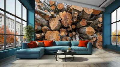 logging, cubic meters of wood, logs in the forest Wall mural