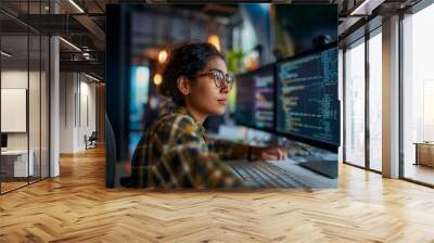 Focused  DevOps Engineer African American woman reads data on her computer screen in a modern office alongside data science and financial analysts. Female jobs in demand for young generation Wall mural