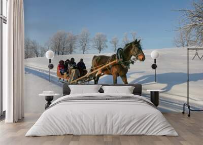 brown horse pulling sleigh with peoples, winter wounderland landscape Wall mural