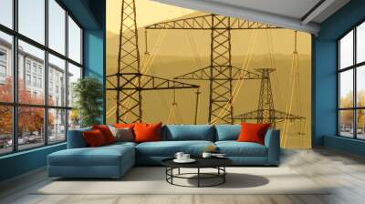 Electricity transmission towers texture at sunset. Wall mural