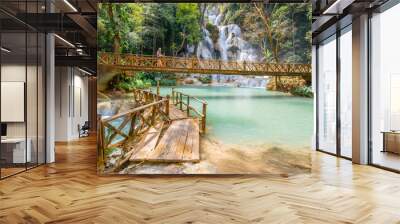 Pool and waterfall in the Tat Kuang Si waterfall system near Luang Prabang in Laos, Indochina, Asia. Wall mural