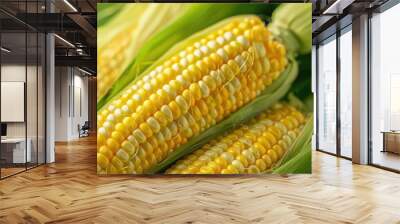 A close-up image showcasing a freshly harvested ear of corn with its husks, highlighting the vibrant yellow kernels. Wall mural