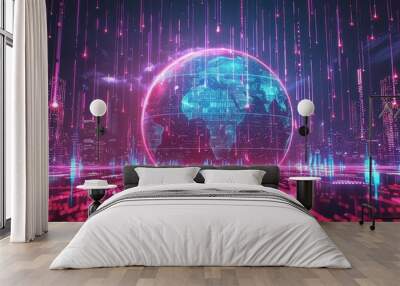 A digital rendering of a globe illuminated with data points hovering over a glowing futuristic city with light streaks descending from above. Wall mural