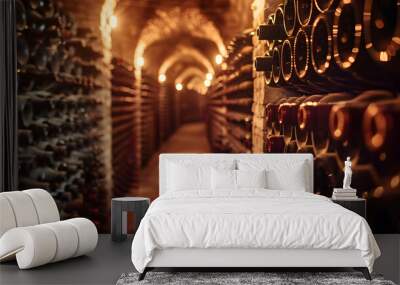 A dimly lit, atmospheric wine cellar lined with rows of aged wine bottles, showcasing the ambiance and tradition of fine wine storage in a historic setting. Wall mural