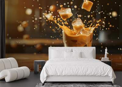 A dynamic splash of iced coffee in a glass, with floating ice cubes and warm, dramatic lighting. The scene captures the refreshing and lively essence of the drink. Wall mural