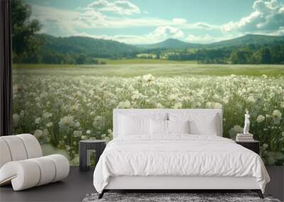 A field of white flowers in a mountain valley Wall mural