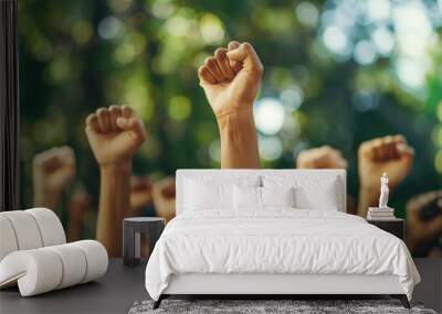 A group of people raising their fists in the air, with a blurred green background. Wall mural