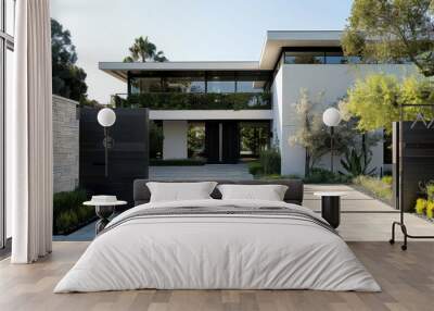 A modern white house with black gates and landscaping, showcasing its sleek design and elegant exterior. Wall mural