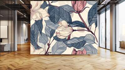 A sophisticated seamless pattern featuring botanical illustrations in muted tones of blues and pinks. Ideal for luxurious wallpaper or refined textile designs. Wall mural