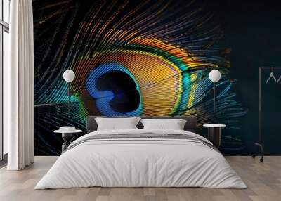 A vibrant peacock feather with its eye spot is showcased in close-up, revealing intricate details and colors. Wall mural