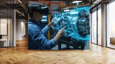 A worker utilizes a virtual reality headset to interact with a virtual model of a machine in a factory setting, showcasing the future of industrial technology. Wall mural