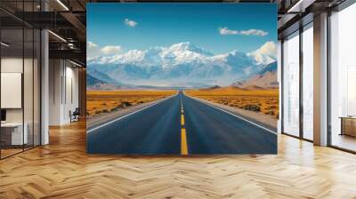 Asphalt Road Leading to Snowy Mountain Range Wall mural