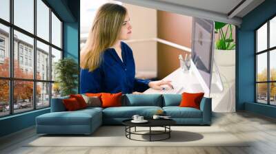 beautiful young business woman using computer at home, office Wall mural