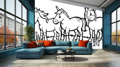 Black and white cartoon illustration featuring two horses and a unicorn standing in a pasture with little chicks. Ideal for children's coloring books, educational materials, and creative projects. Wall mural