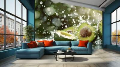 Close-up of halved avocados with water splashes, bathed in warm sunlight. Capturing the freshness and natural vibrancy of the fruit against a soft, blurred background. Wall mural