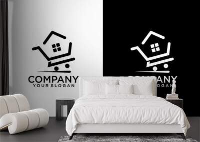 Creative linear Cart with house logo design Vector Illustration. Home store shop cart logo concept design symbol template. Real estate and housing market Store icon Wall mural