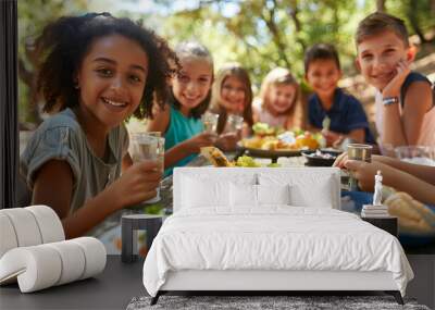 Diverse group of joyful children sharing a meal and smiles around a rustic picnic table in a leafy park setting, showcasing friendship and healthy eating outdoors. Wall mural