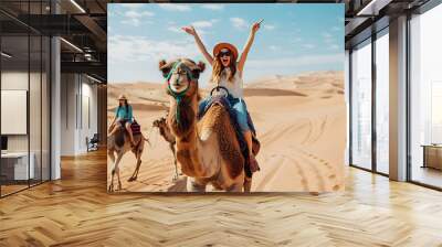 happy woman tourist, close up portrait, having fun enjoying group camel ride tour in morocco Wall mural