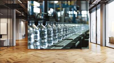 process of bottling water in a factory setting, showcasing machinery in action and rows of transparent water bottles on conveyor belts Wall mural