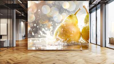 Two fresh pears splashing in water with vibrant bokeh light effects, showcasing their natural beauty and freshness, perfect for themes of organic produce, hydration, and healthy eating. Wall mural