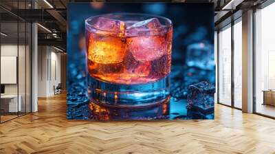 Whiskey on the Rocks with Blue Lighting Wall mural