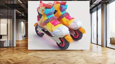 3D Render, Low Poly style of a cartoon pair of roller skates, on isolated white background, Generative AI Wall mural