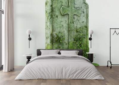 3D Render, Low Poly style of a moss-covered gravestone, on isolated white background, Generative AI Wall mural