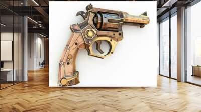 3D Render, Low Poly style of a steampunk revolver, on isolated white background, Generative AI Wall mural