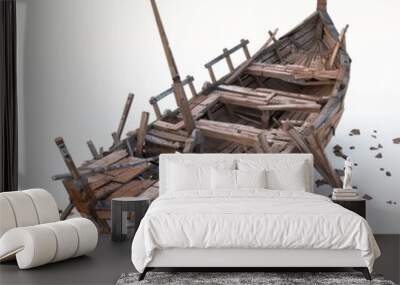 3D Render, Low Poly style of broken shipwreck with fragments scattered, on isolated white background Wall mural