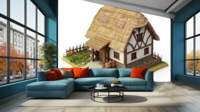 3D Render of a medieval farmhouse with a barn and thatched roof, on isolated white background Wall mural