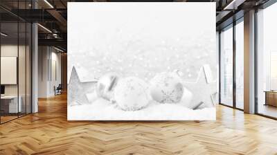 Christmas greeting card. Festive decoration on bokex silver background. New Year concept. Copy space.  Flat lay. Top view. Wall mural