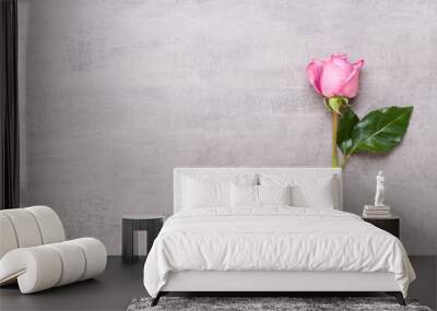 Flowers valentine day composition. Frame made of pink rose on gray background. Flat lay, top view, copy space. Wall mural