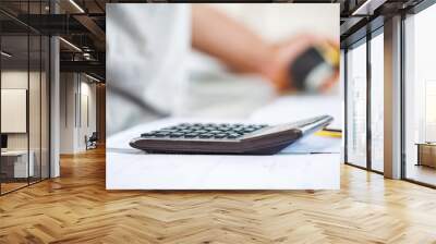 Carpenter calculating costs and planning using calculator Wall mural